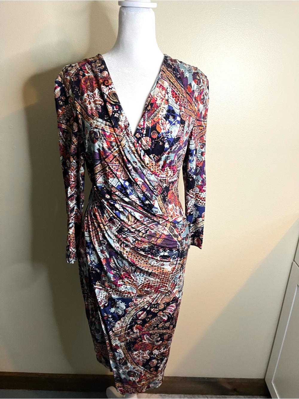 Peruvian Connection Imari Jersey Multicolor Faux Wrap Long Sleeve Dress